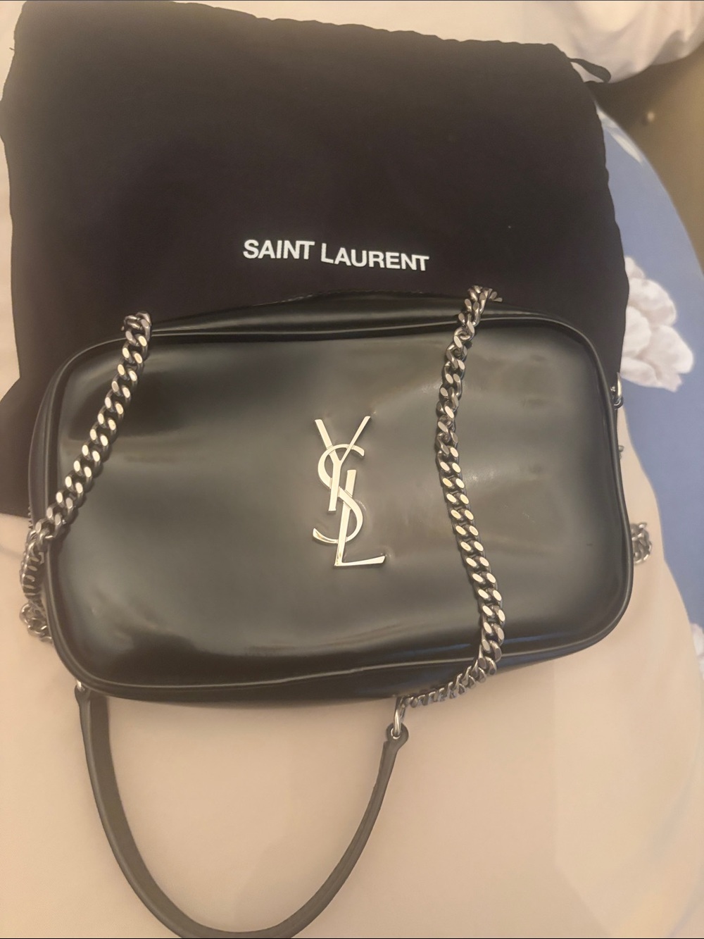 Saint Laurent Black Patent YSL Chain Shoulder Bag silver hardware.